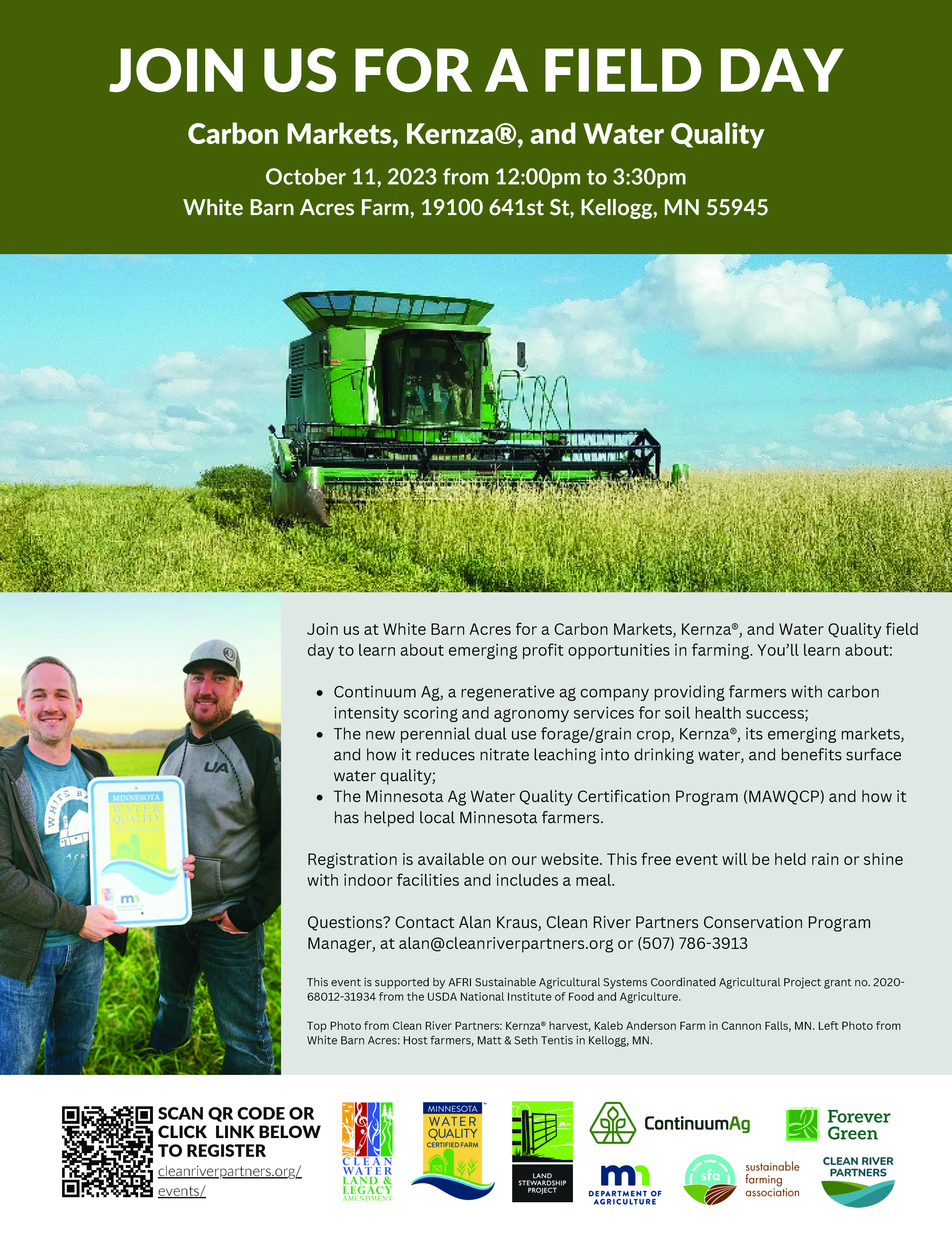 A flyer showing details of the field day slated for Oct. 11, 2023, at White Barn Acres Farm in Minnesota. These details are written in the text of the post below.